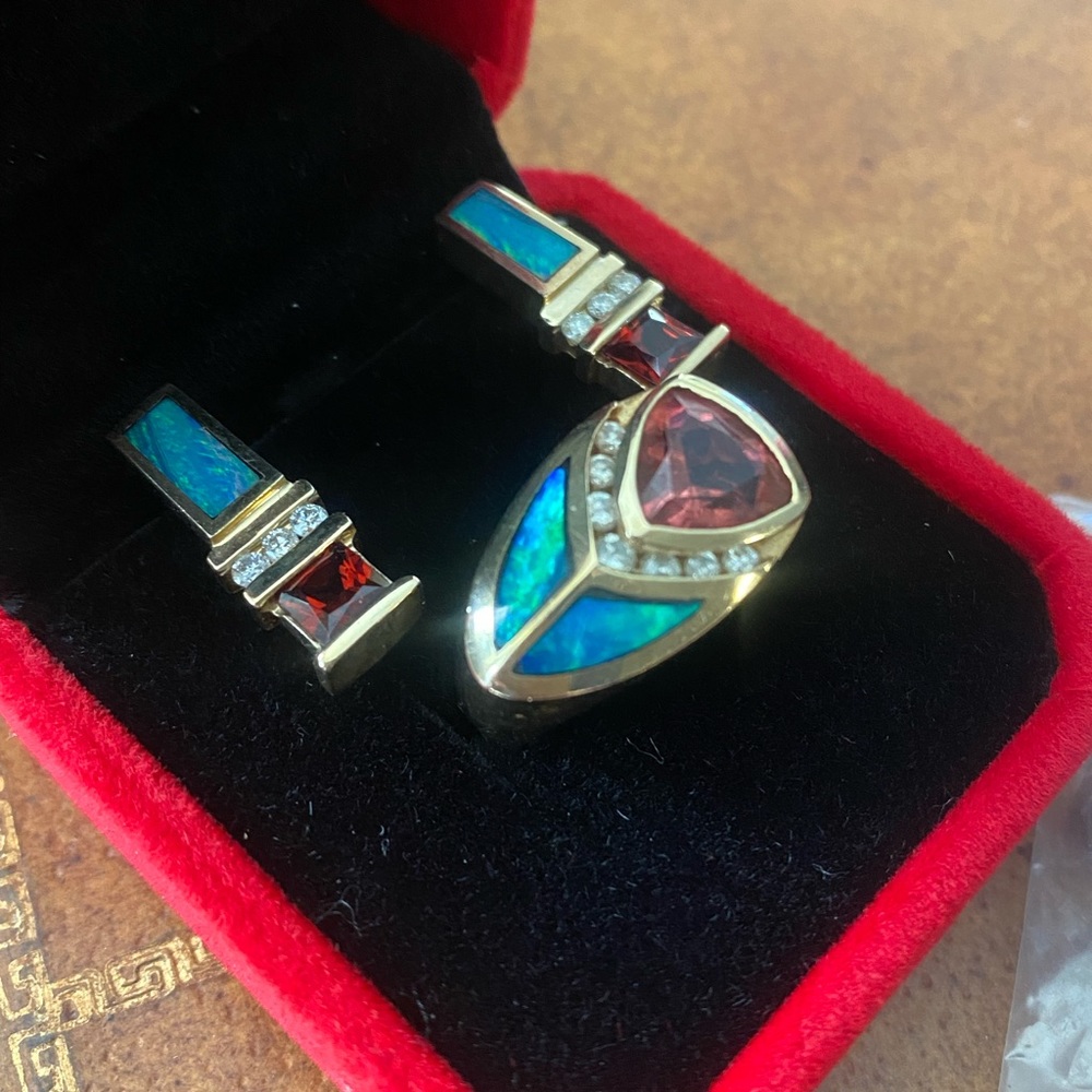 TURMALINE, INLAID OPAL & DIAMOND IN 14KT GOLD RING  & EARRINGS.  Could Be Kavana